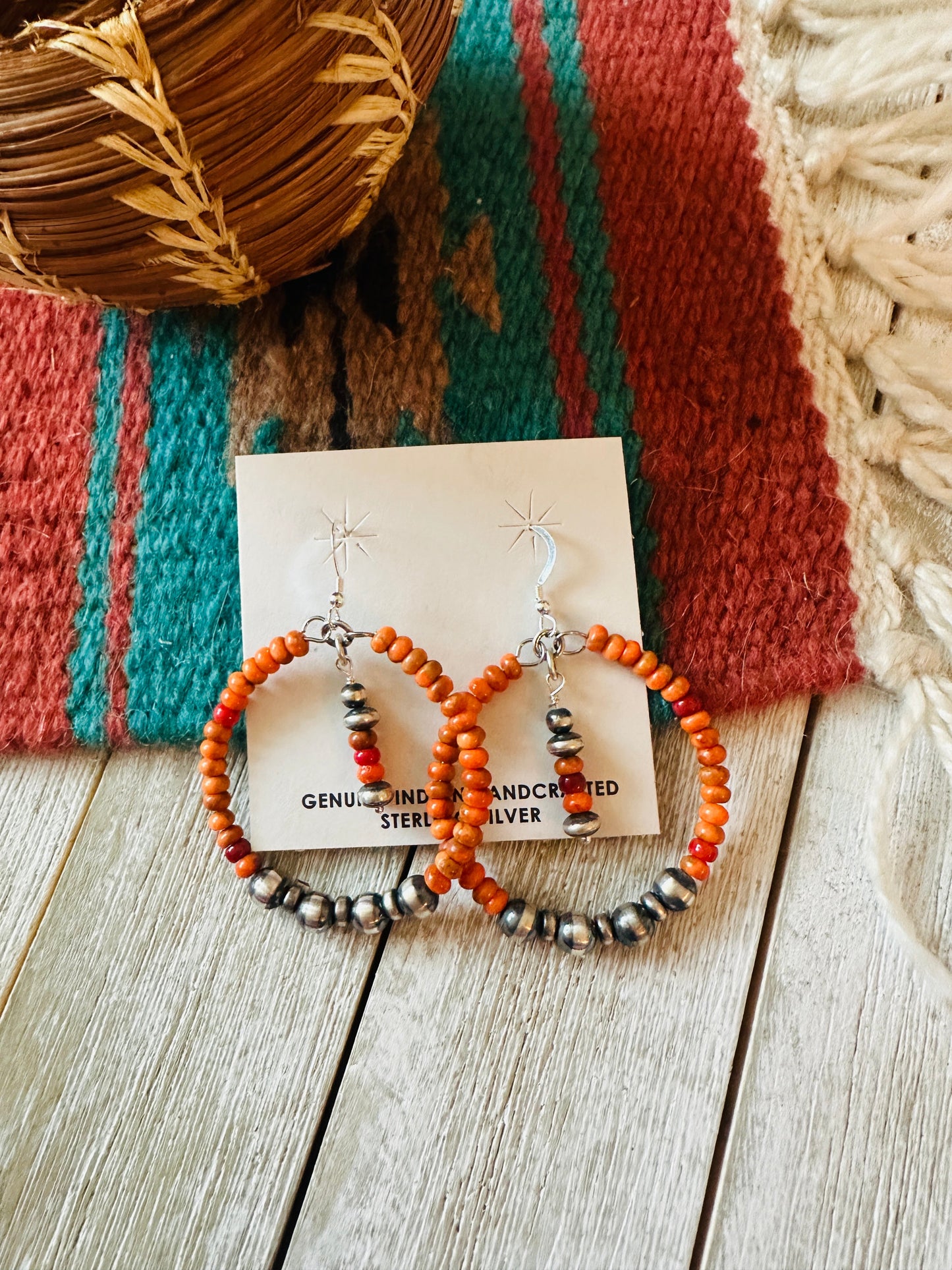 Handcrafted Orange Spiny & Sterling Silver Pearl Beaded Hoop Earrings