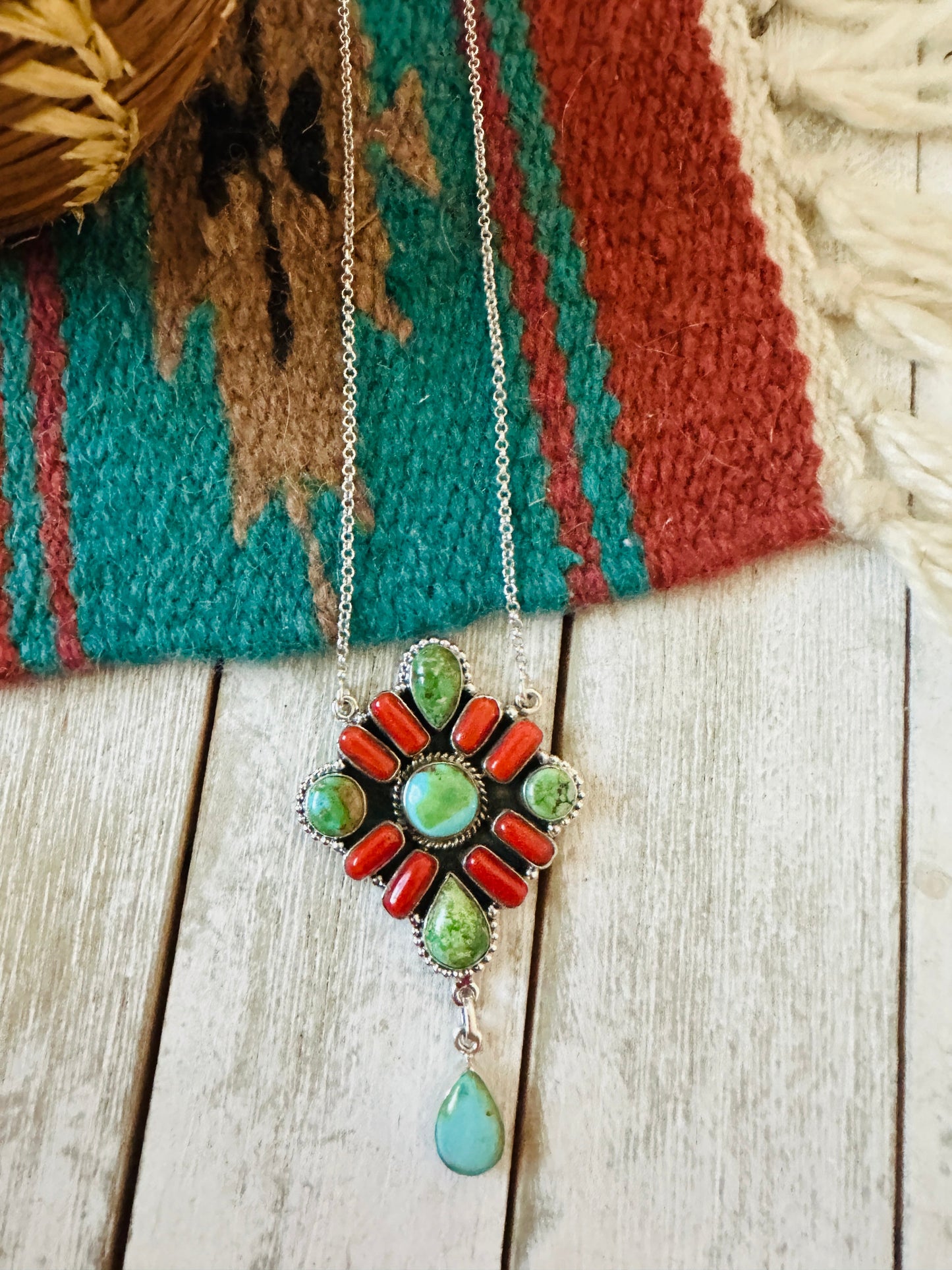 ** Christmas Collection ** Handmade Sterling Silver, Turquoise & Coral Necklace Signed Nizhoni