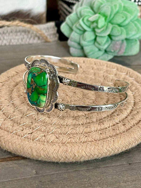 Handmade Sterling Silver & Peacock Dahlia Cuff Bracelet