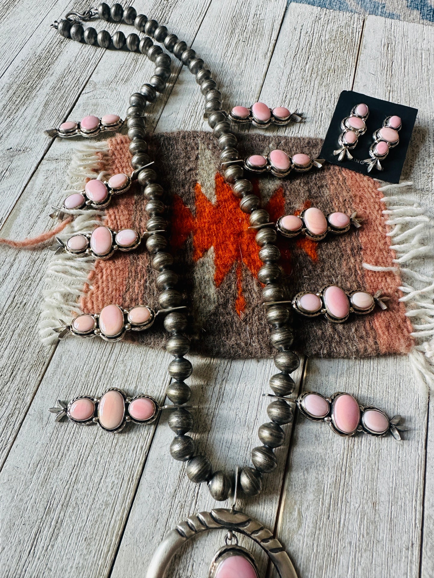 Handcrafted Sterling Silver & Queen Pink Conch Squash Blossom Necklace Set