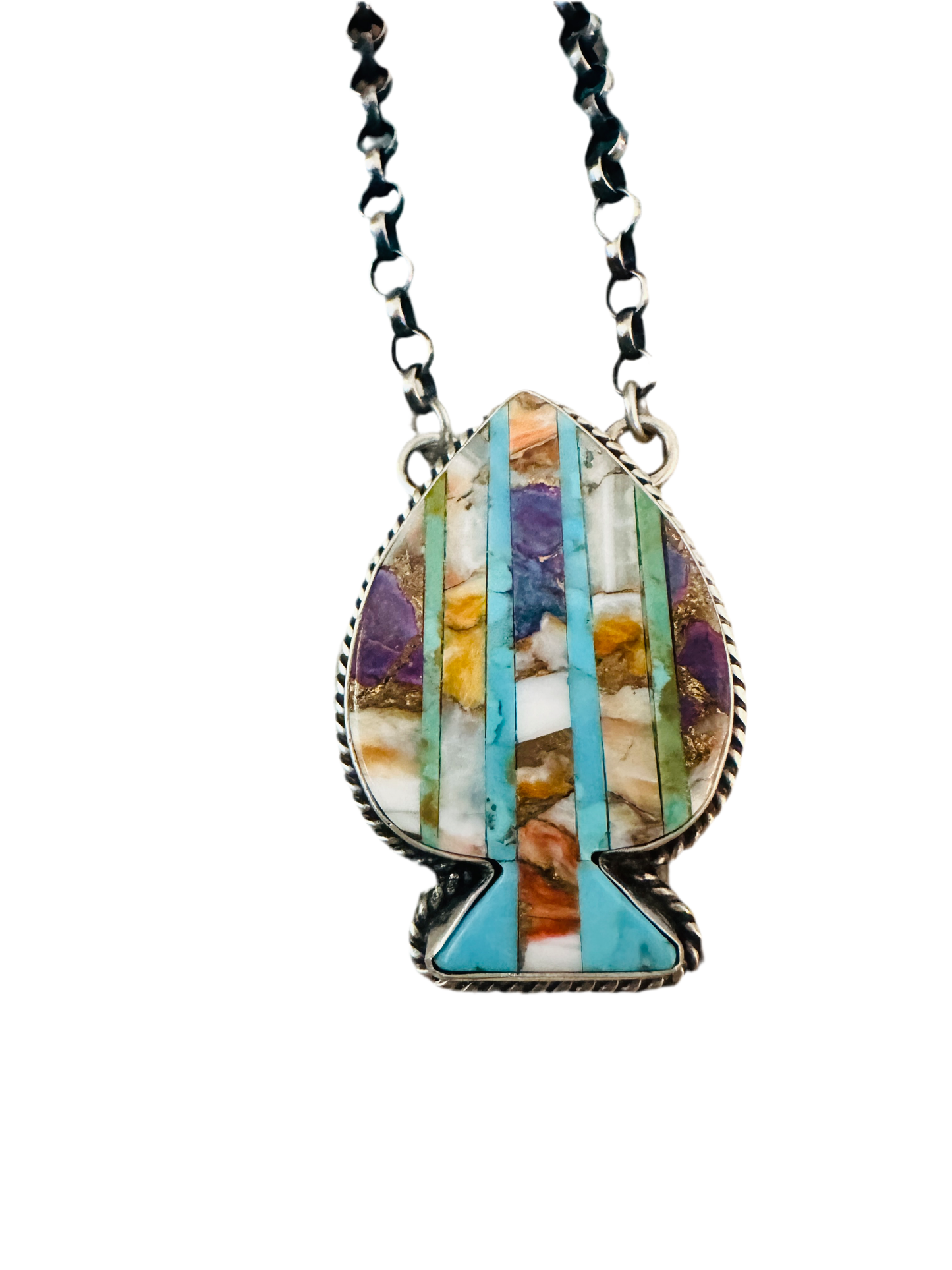 Handcrafted Sterling Silver & Multi Stone Inlay Spade Necklace