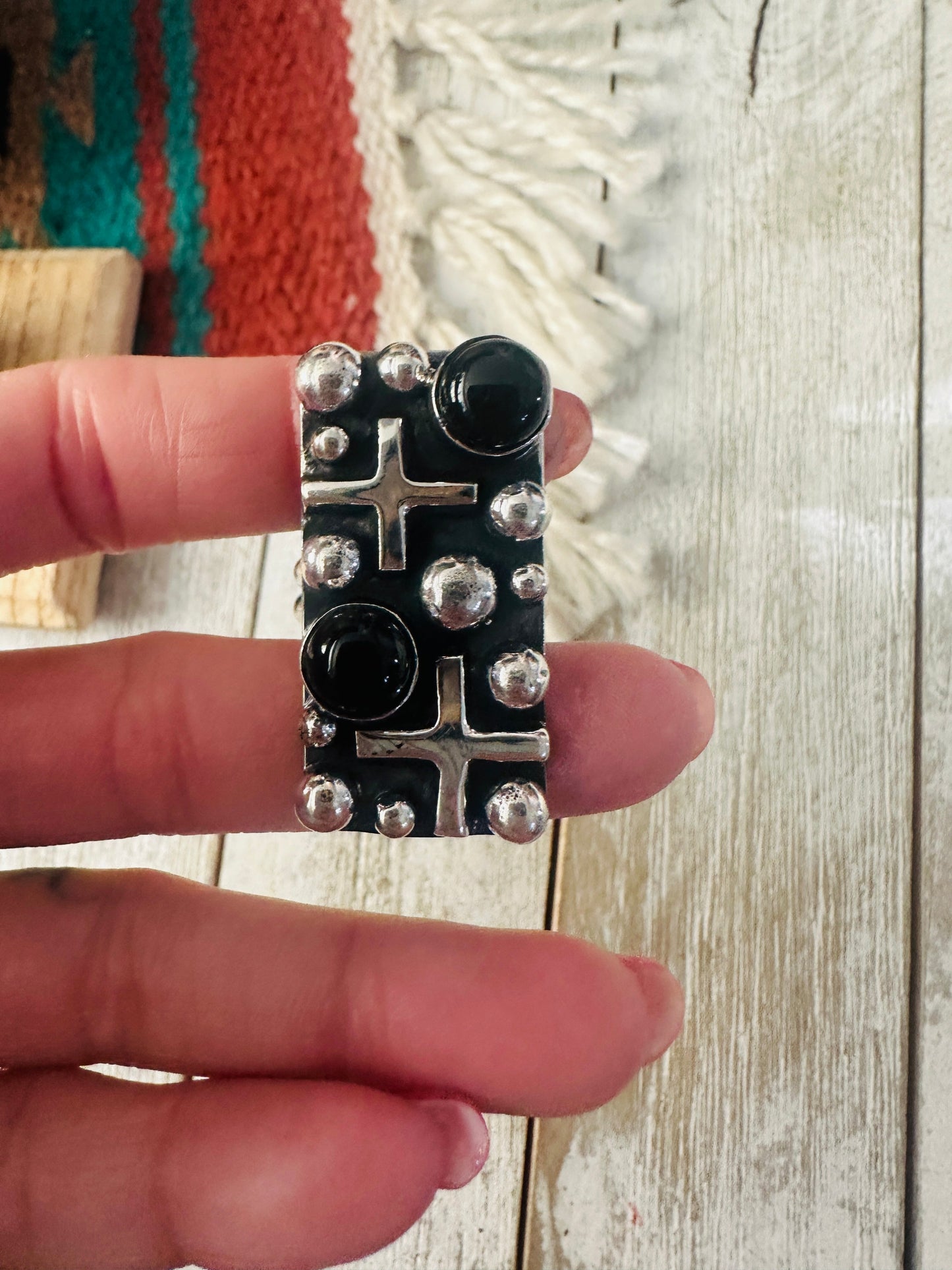 Navajo Onyx & Sterling Silver Cross Ring Chimney Butte