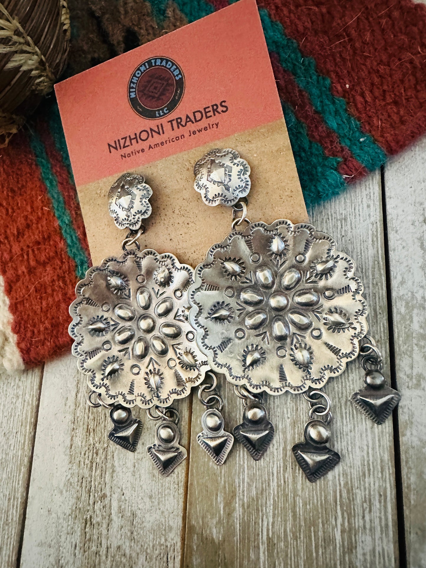 Handcrafted Hand Stamped Sterling Silver Concho Dangle Earrings