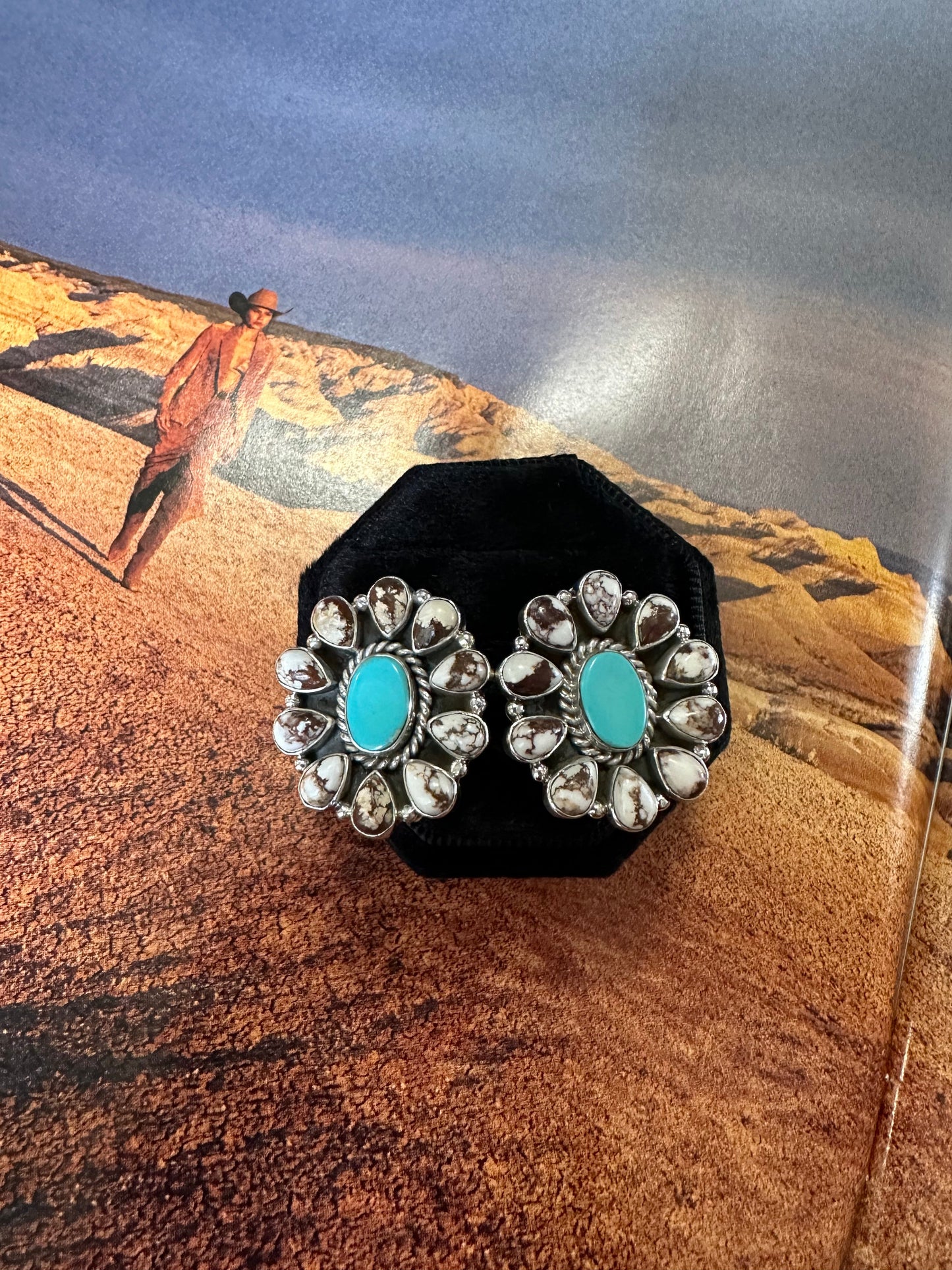 “Free Spirit” Nizhoni’s Wild Horse & Turquoise Sterling Silver Cluster Earrings