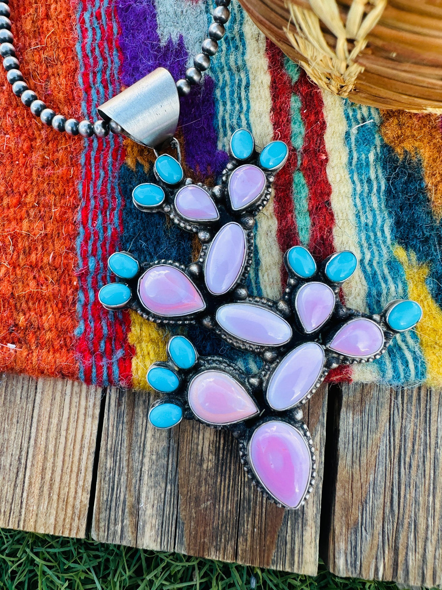 Handcrafted Sterling Silver, Turquoise & Queen Pink Conch Cactus Pendant by Shawn Cayatineto