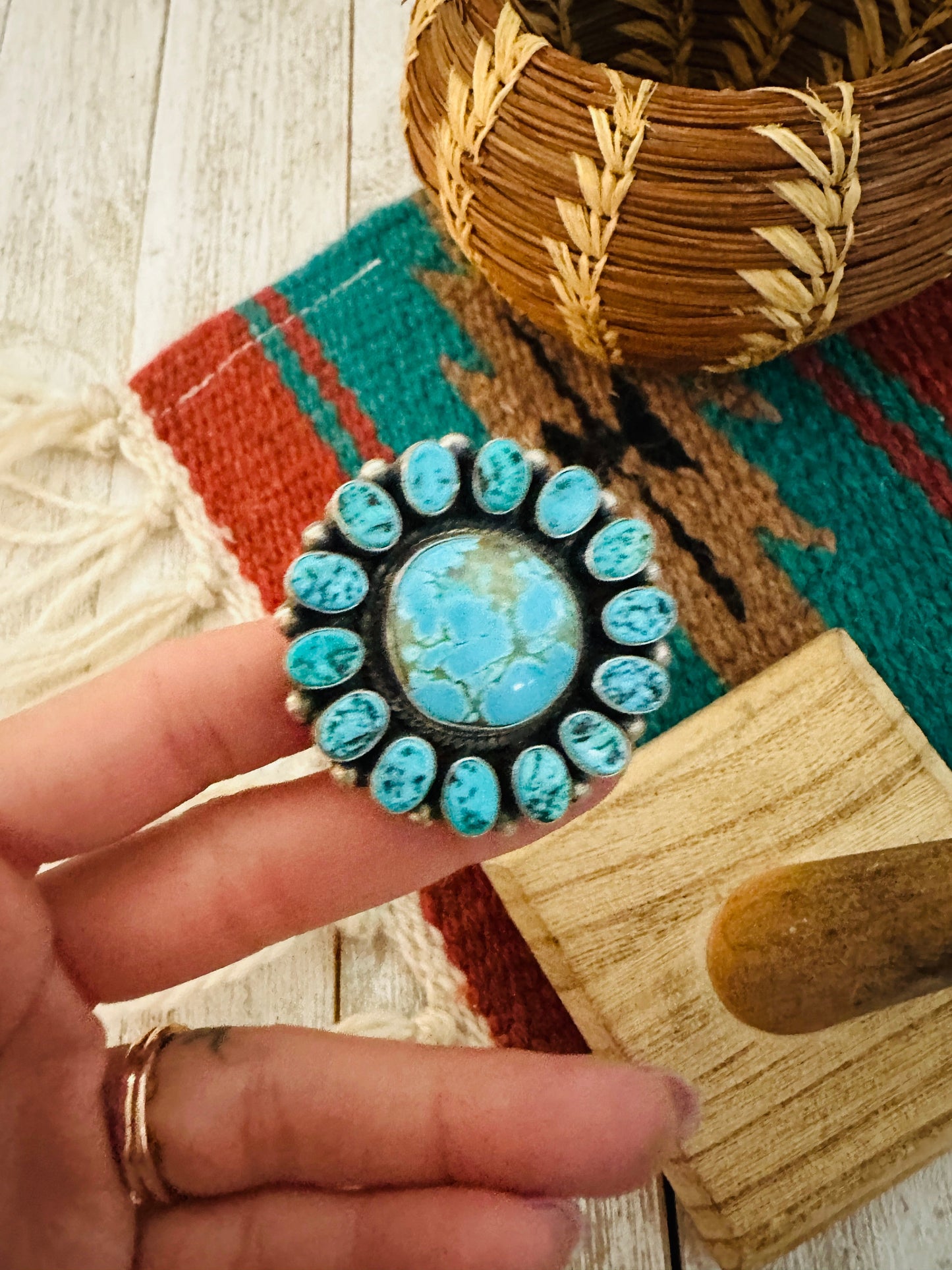 Handcrafted Turquoise & Sterling Silver Cluster Ring Size 7.25 by Blaine Yellowhorse