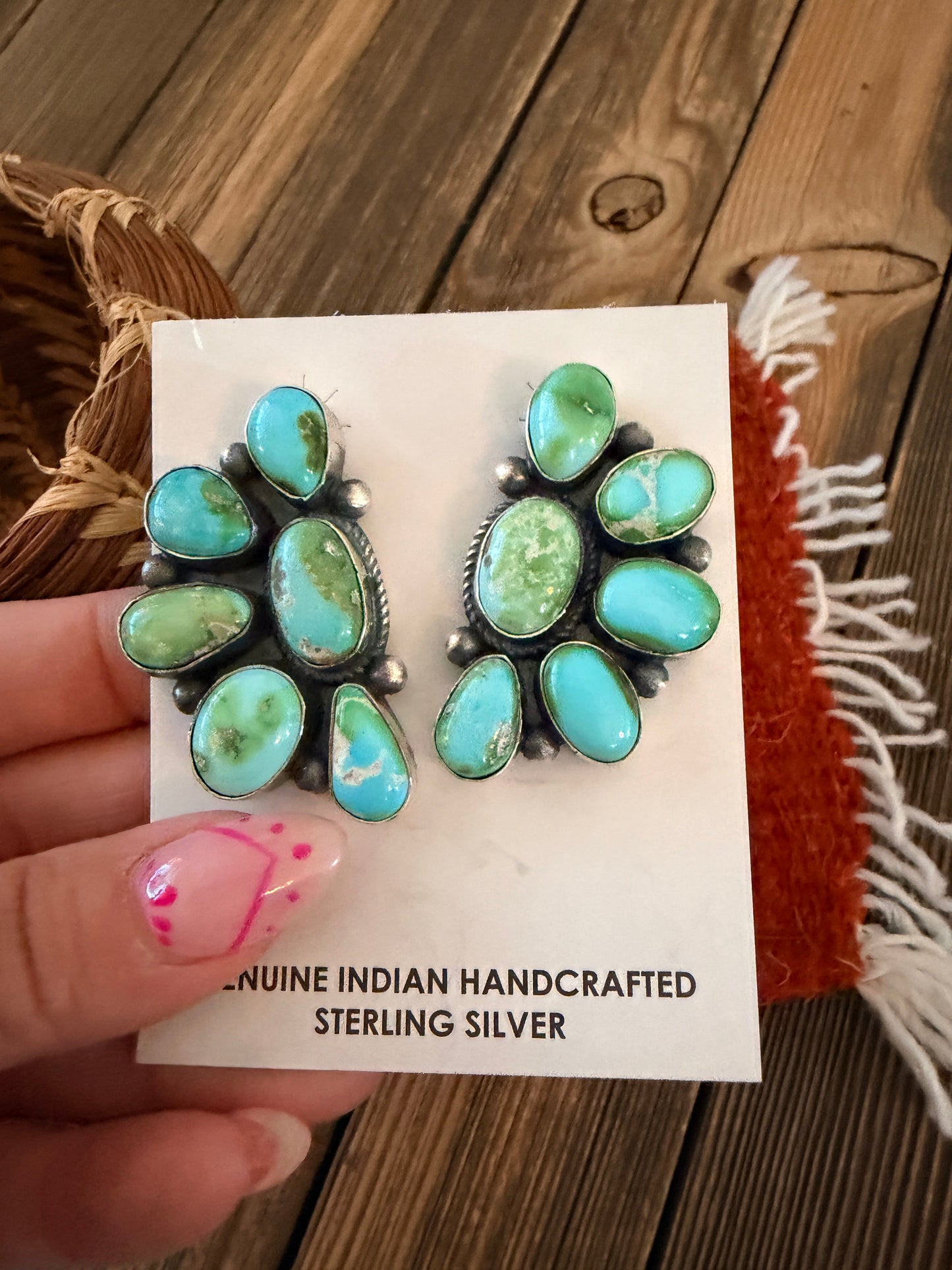 Handcrafted Sonoran Mountain Turquoise & Sterling Silver Cluster Post Earrings by Debra Smith