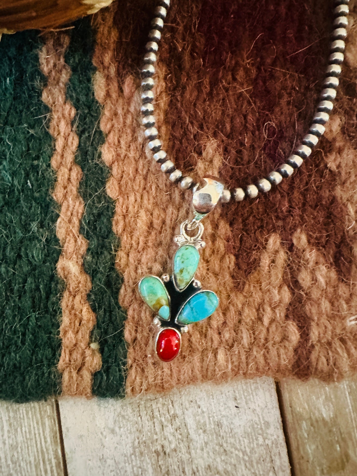 ** Christmas Collection ** Handmade Sterling Silver, Coral & Turquoise Pendant Signed Nizhoni