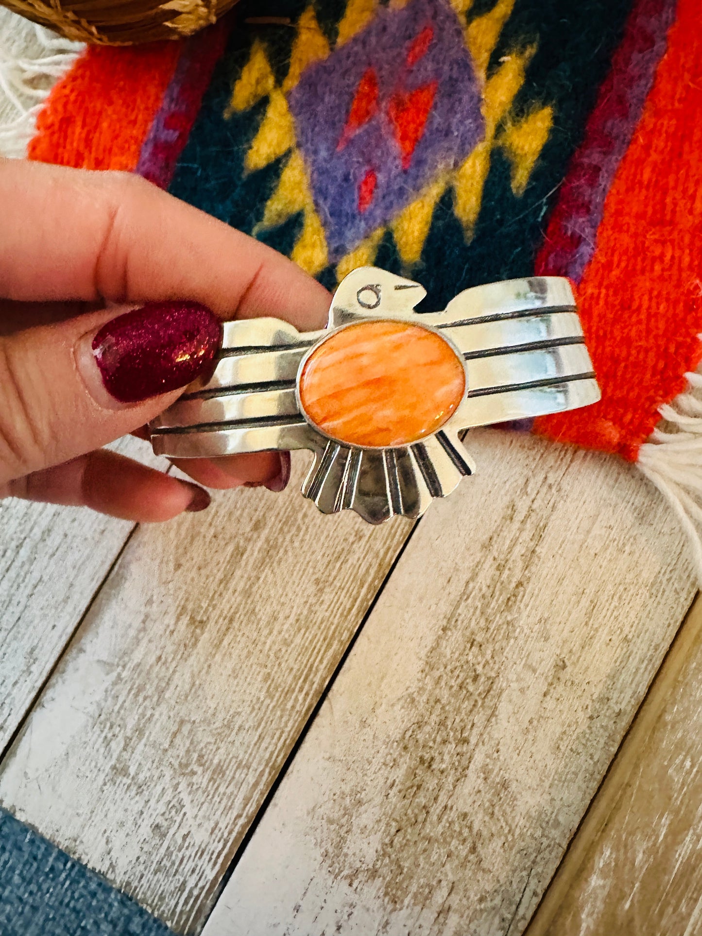 Handcrafted Orange Spiny & Sterling Silver Thunderbird Cuff Bracelet