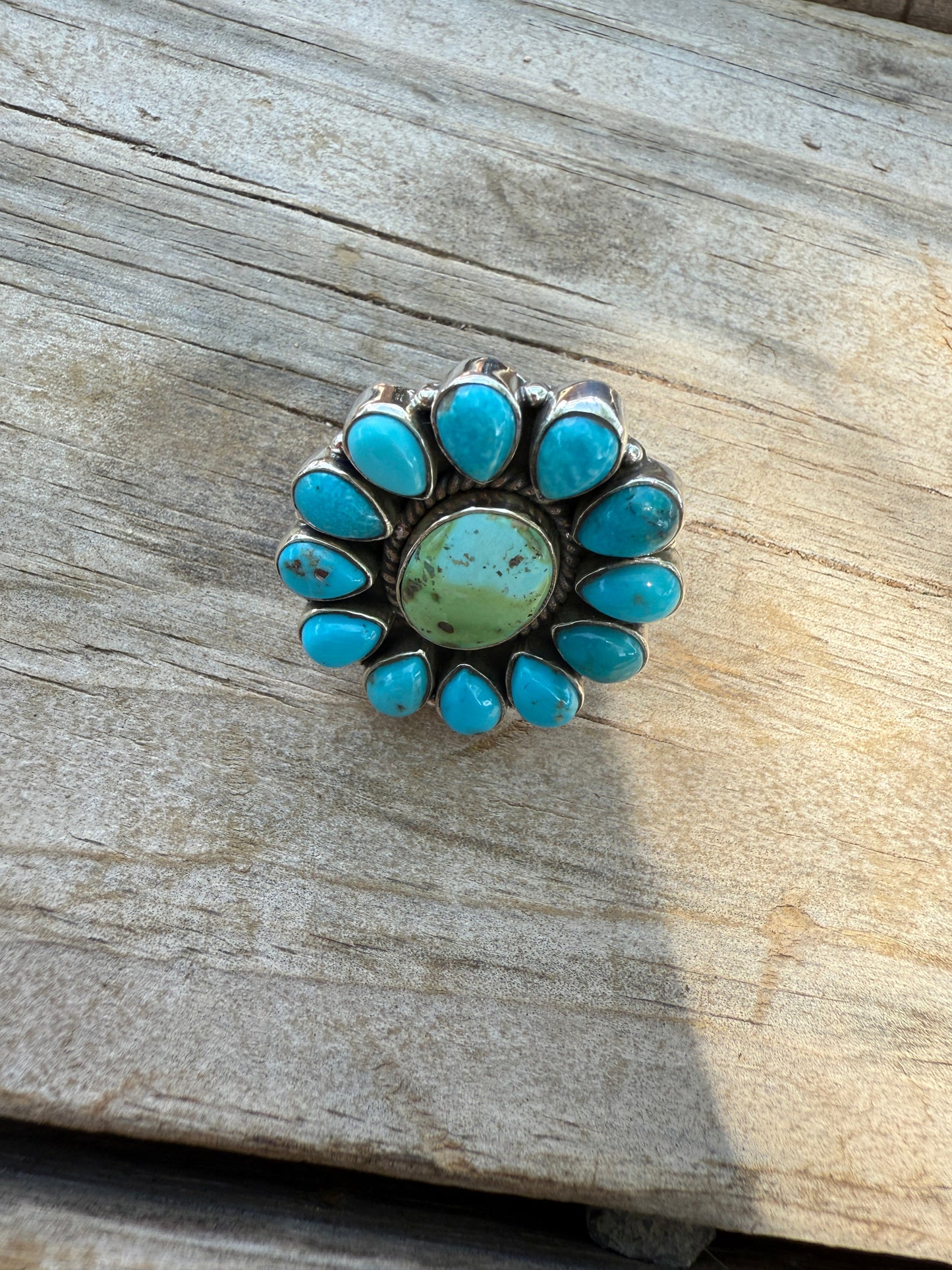 Handmade Sterling Silver Sonoran Mountain Turquoise, Blue Bird Turquoise Adjustable Ring with Signed Nizhoni