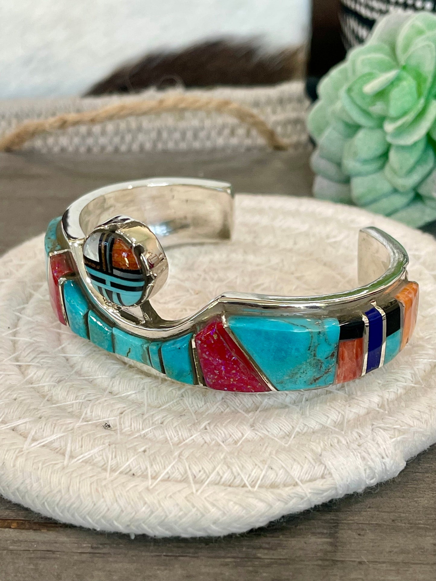 Handmade Sterling Silver Multi Stone Inlay Cuff
