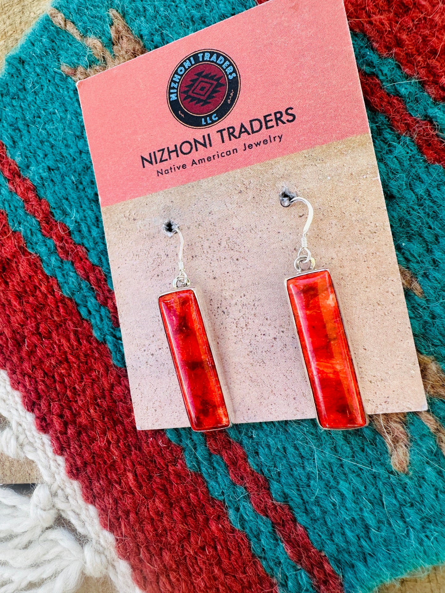 Handcrafted Sterling Silver Apple Coral Rectangle Dangle Earrings