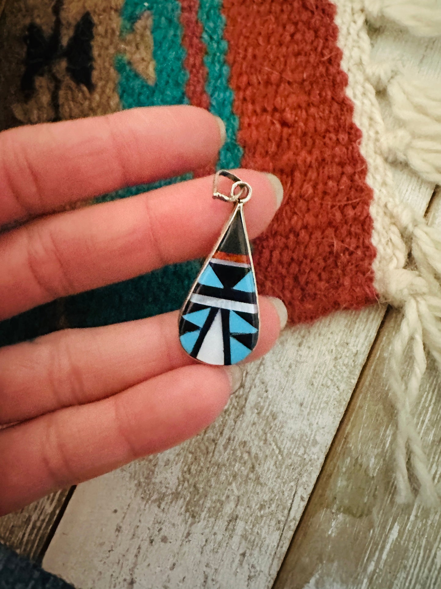 Handcrafted Multi Stone & Sterling Silver Inlay Teardrop Pendant