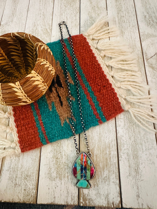 Handcrafted Sterling Silver & Multi Stone Inlay Spade Necklace