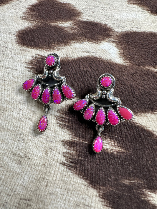 Handmade Hot Pink Fire Opal and Sterling Silver Post Earrings