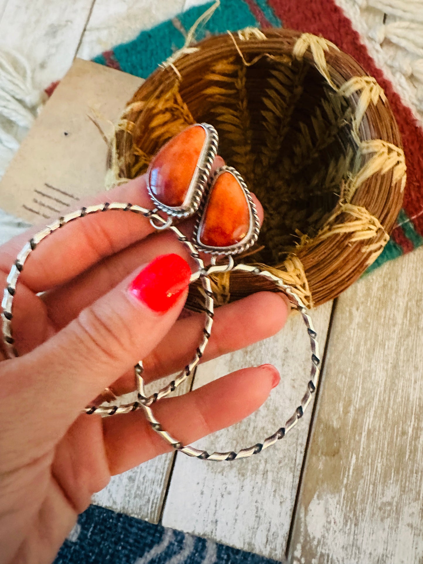 Handcrafted Orange Spiny and Sterling Silver Dangle Hoop Earrings