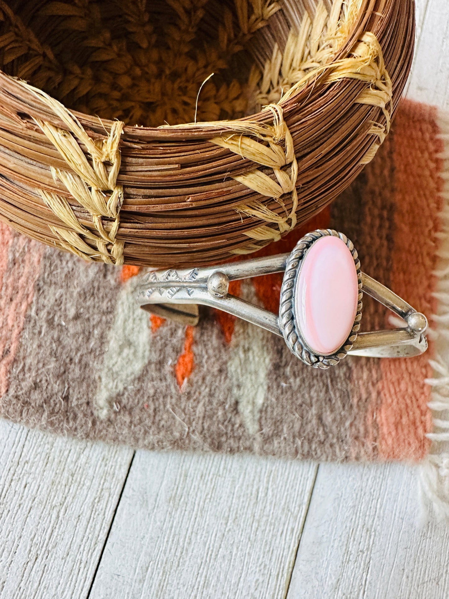 Handcrafted Queen Pink Conch Shell & Sterling Silver Cuff Bracelet