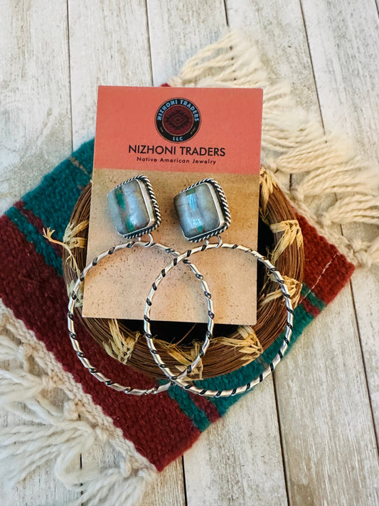 Handcrafted Ribbon Turquoise and Sterling Silver Dangle Hoop Earrings