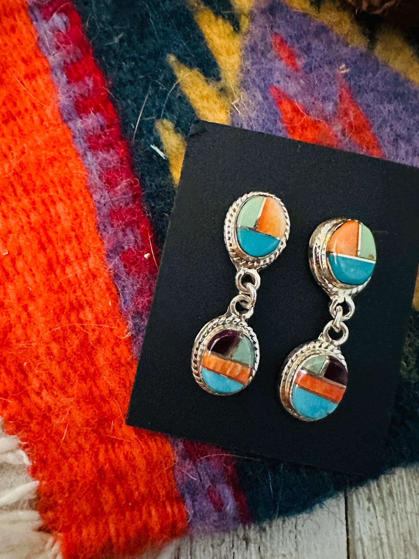 Handcrafted Sterling Silver & Multi Stone Inlay Dangle Earrings