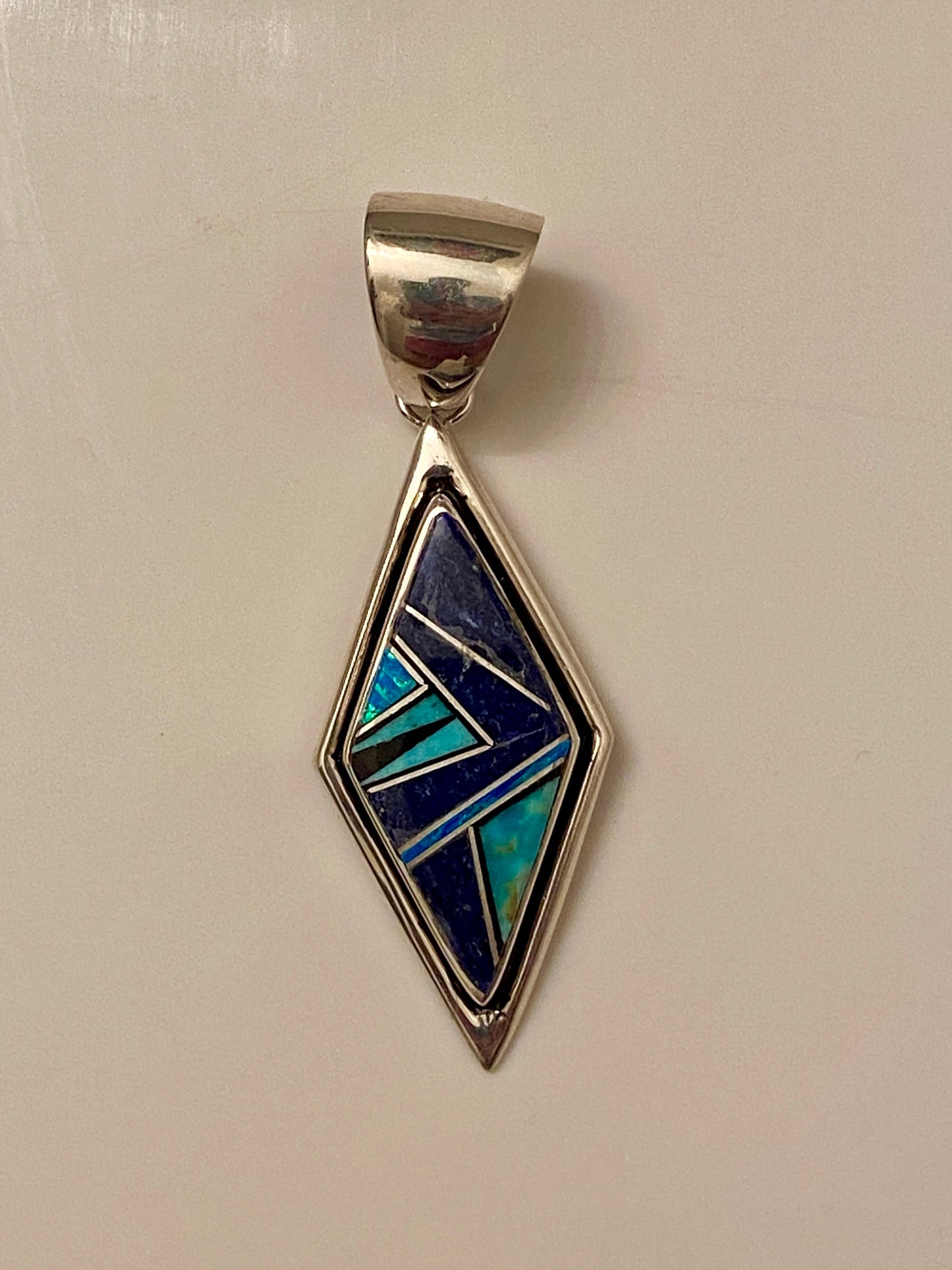 Handcrafted Lapis, Turquoise, Blue Opal Diamond Shape Pendant