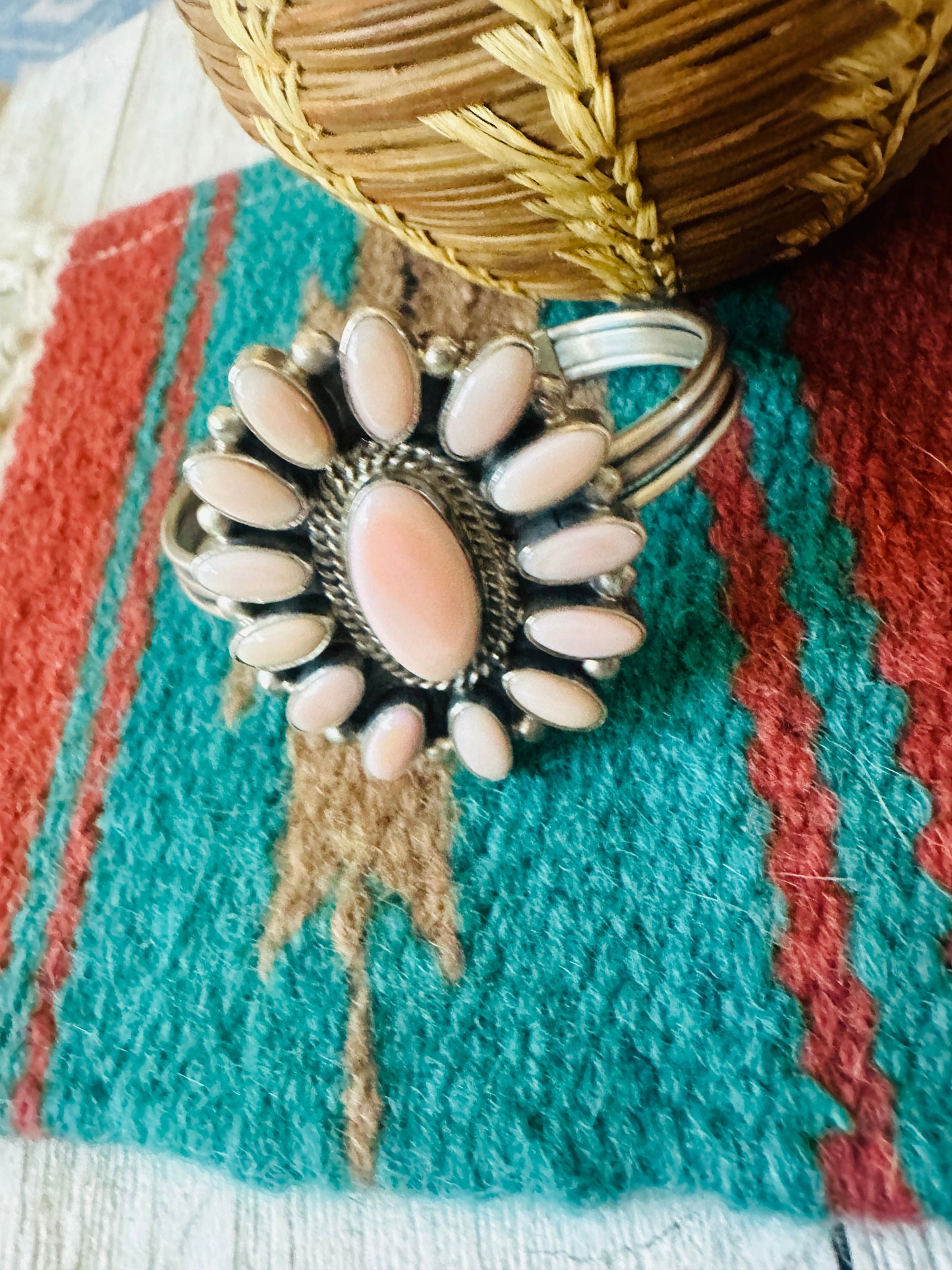 Navajo Queen Pink Conch Shell & Sterling Silver Cluster Cuff Bracelet