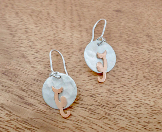 Copper Cat on Hammered Disc Sterling Silver Earrings