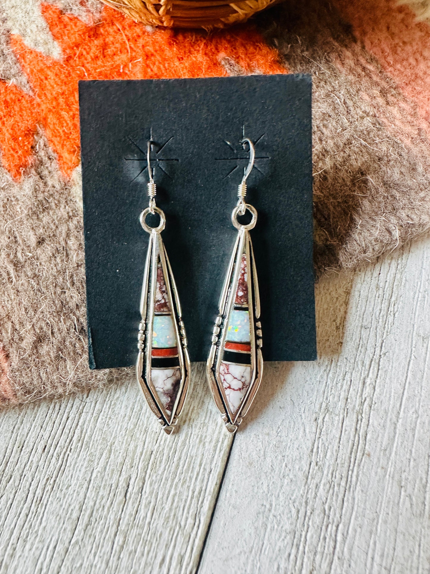 Handcrafted Sterling Silver & Multi Stone Inlay Dangle Earrings