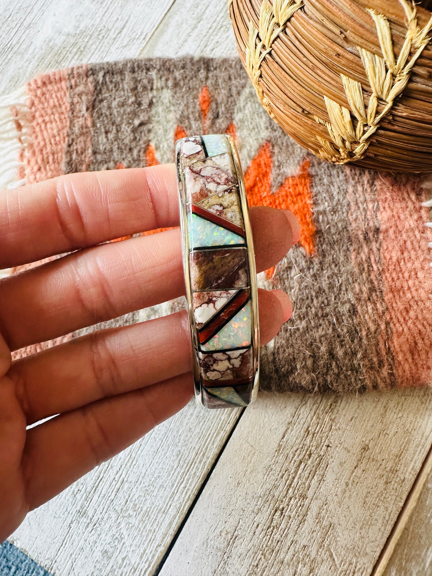 Handcrafted Multi Stone & Sterling Silver Inlay Cuff Bracelet