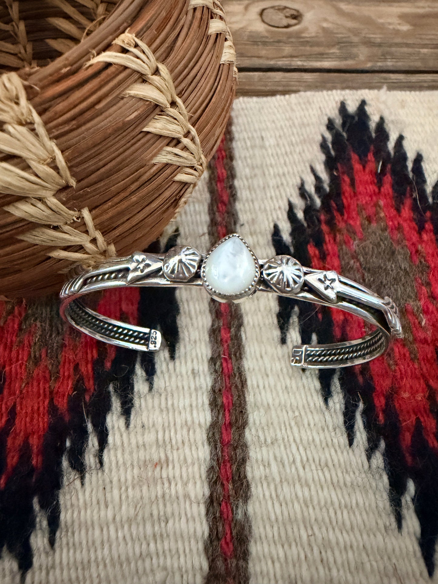 Handcrafted Sterling Silver and Mother of Pearl Cuff Bracelet