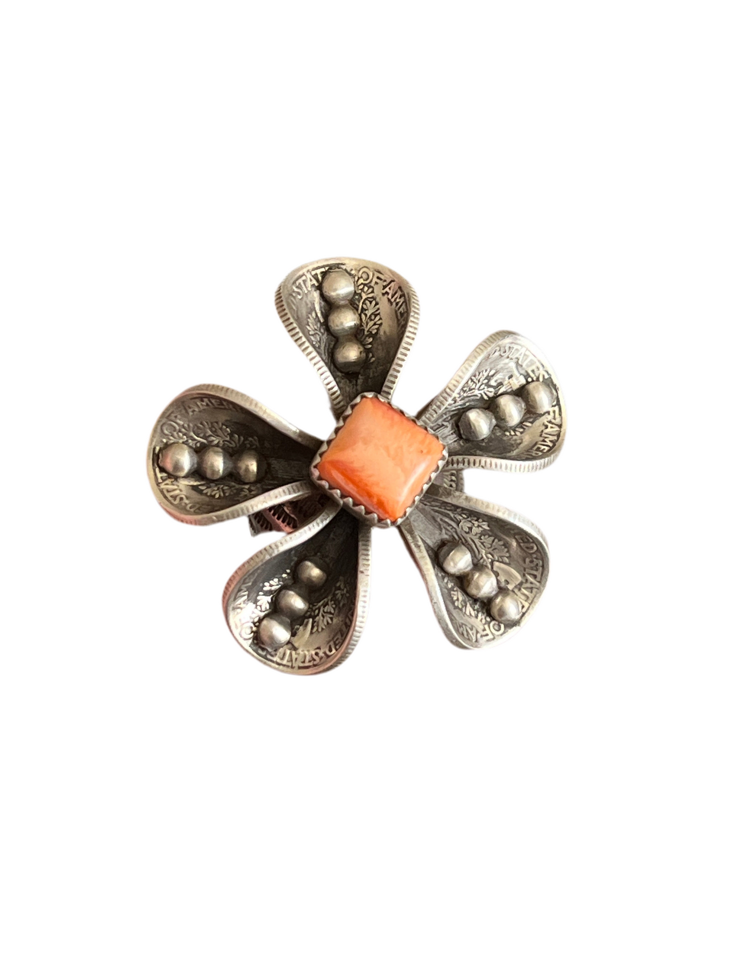 Handcrafted Sterling and Coin Silver Mercury Dime Flower Ring with Orange Spiny Oyster by James Begay, Adjustable