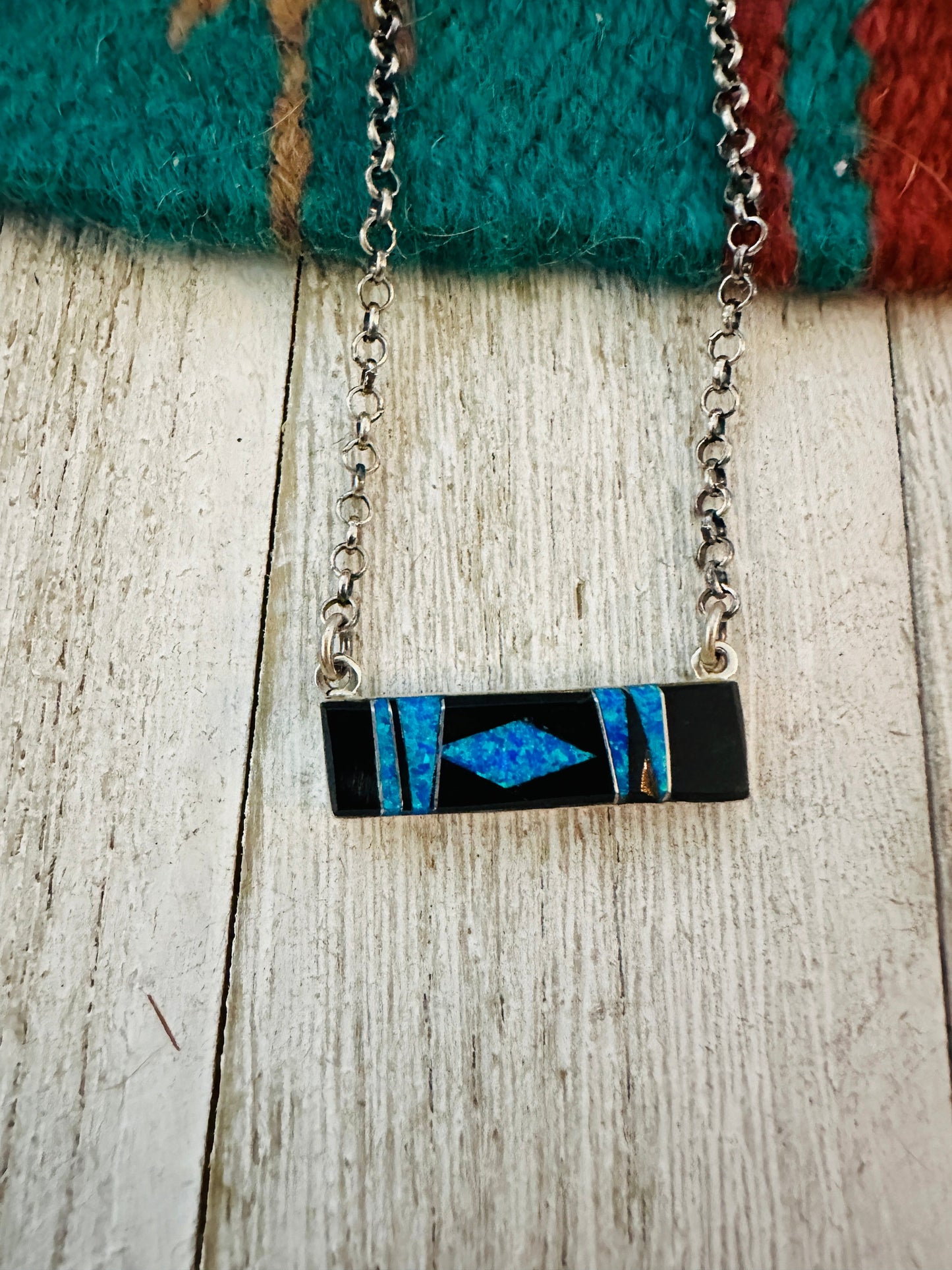 Handcrafted Opal, Onyx & Sterling Silver Inlay Bar Necklace