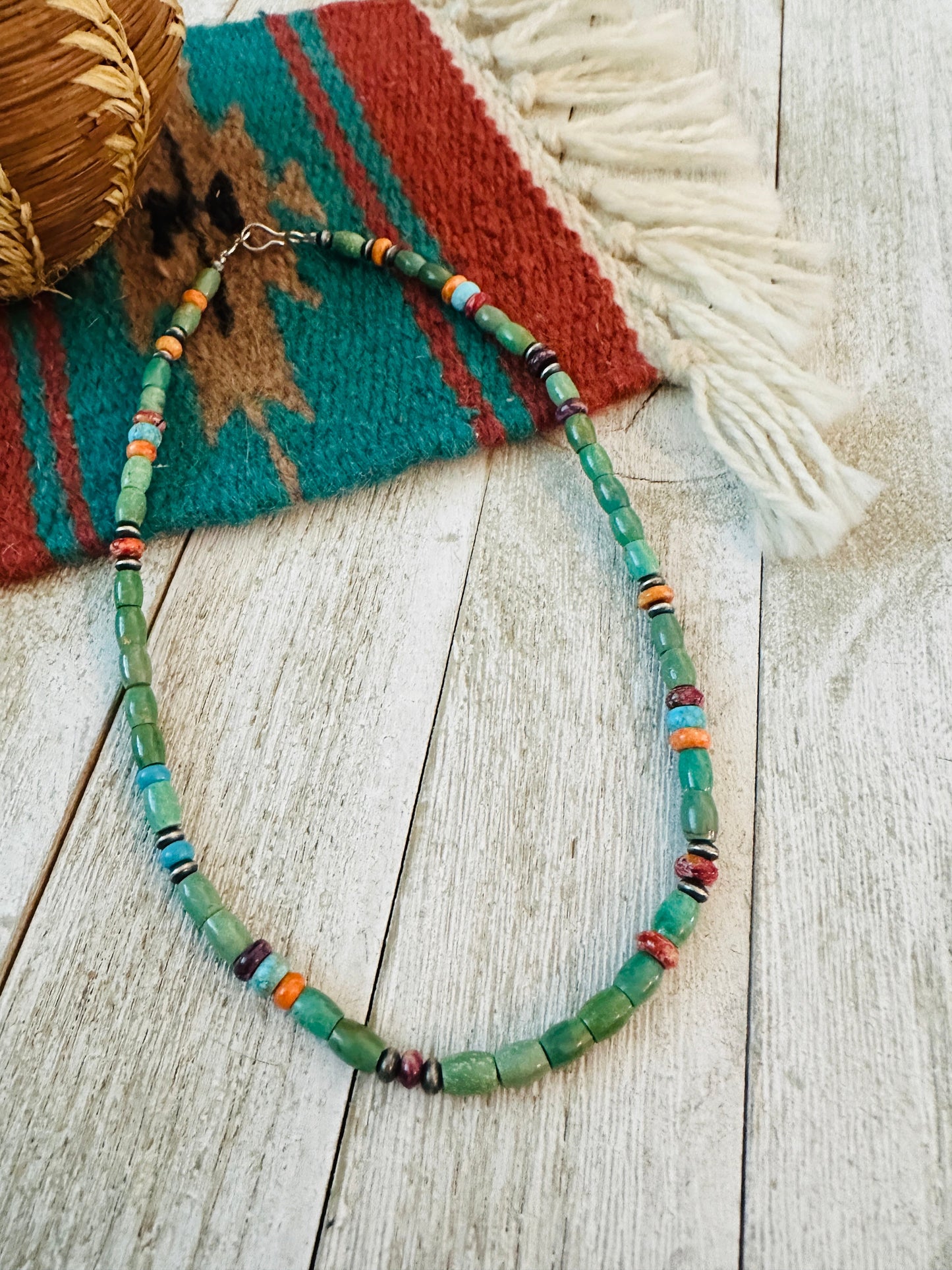 Handcrafted Turquoise, Spiny & Sterling Silver 16” Beaded Necklace