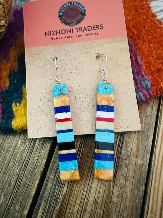 Handcrafted Multi Stone Inlay Slab Dangle Earrings