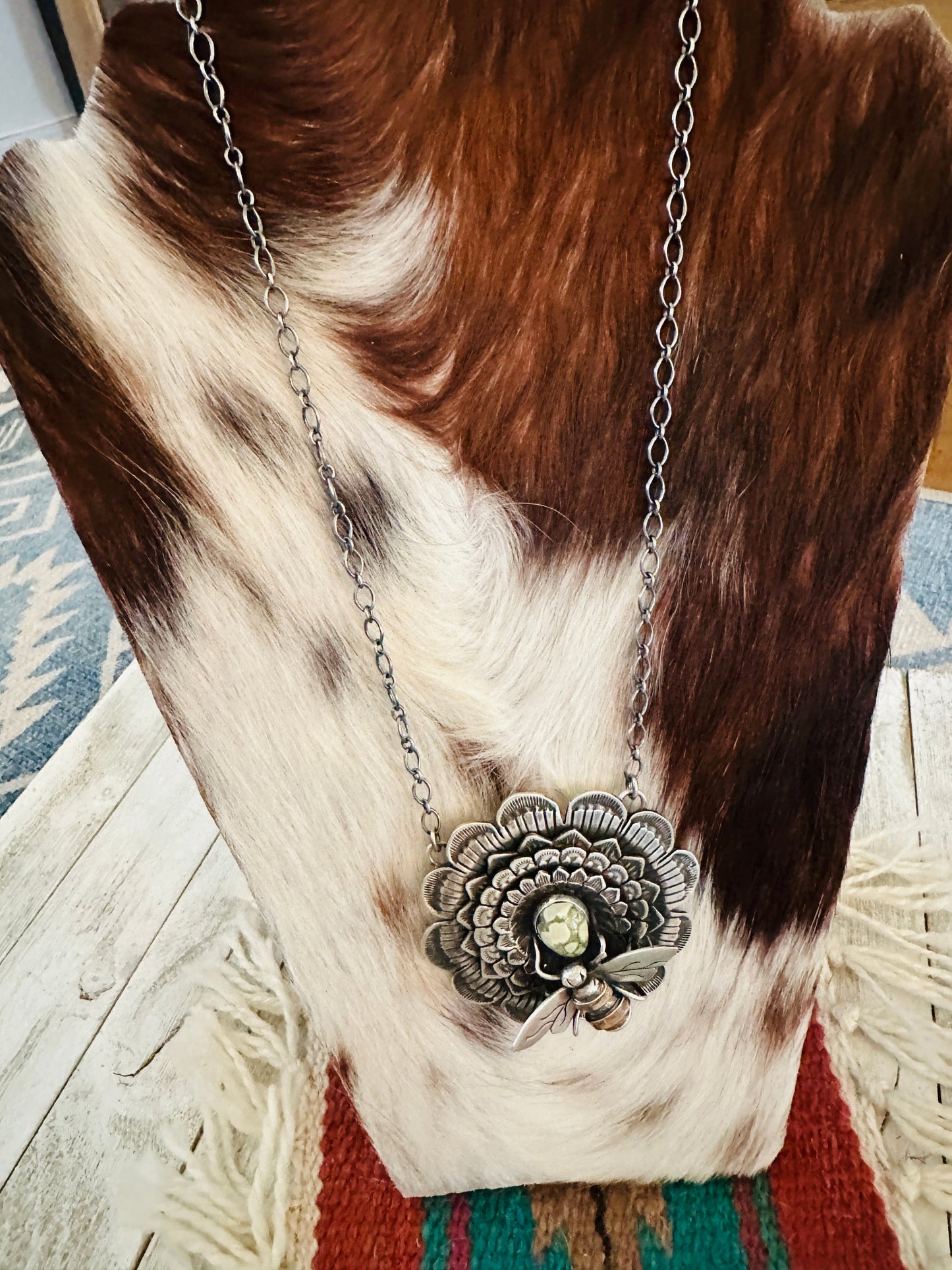 Handcrafted Sterling Silver and Turquoise Sunflower Necklace with Bee by Russell Sam