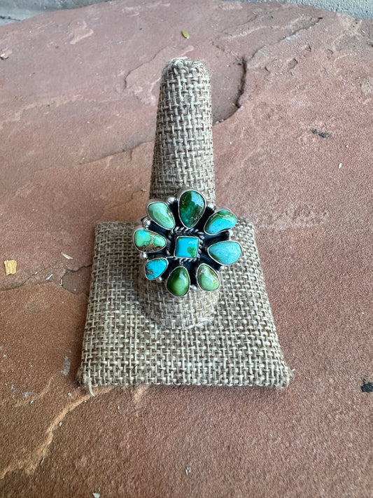 Handmade Sonoran Mountain Turquoise & Sterling Adjustable Flower Cluster Ring