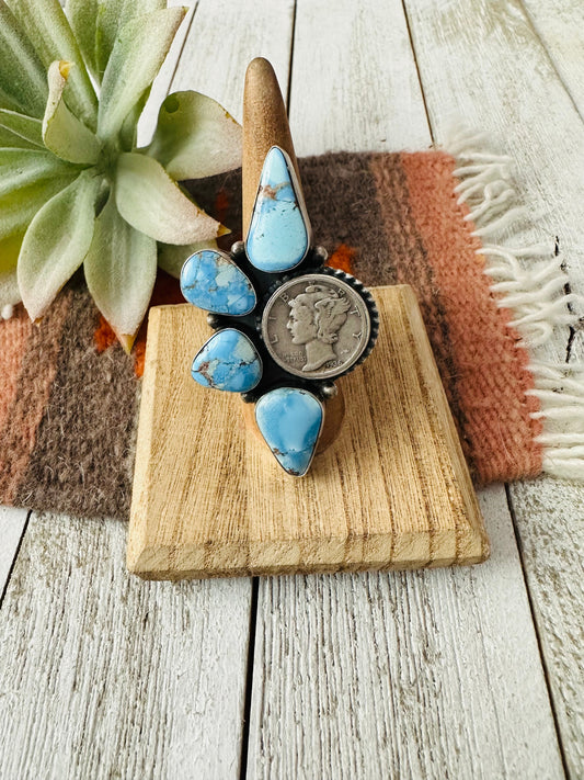 Handcrafted Golden Hills Turquoise & Sterling Silver Liberty Dime Ring Size 7.5