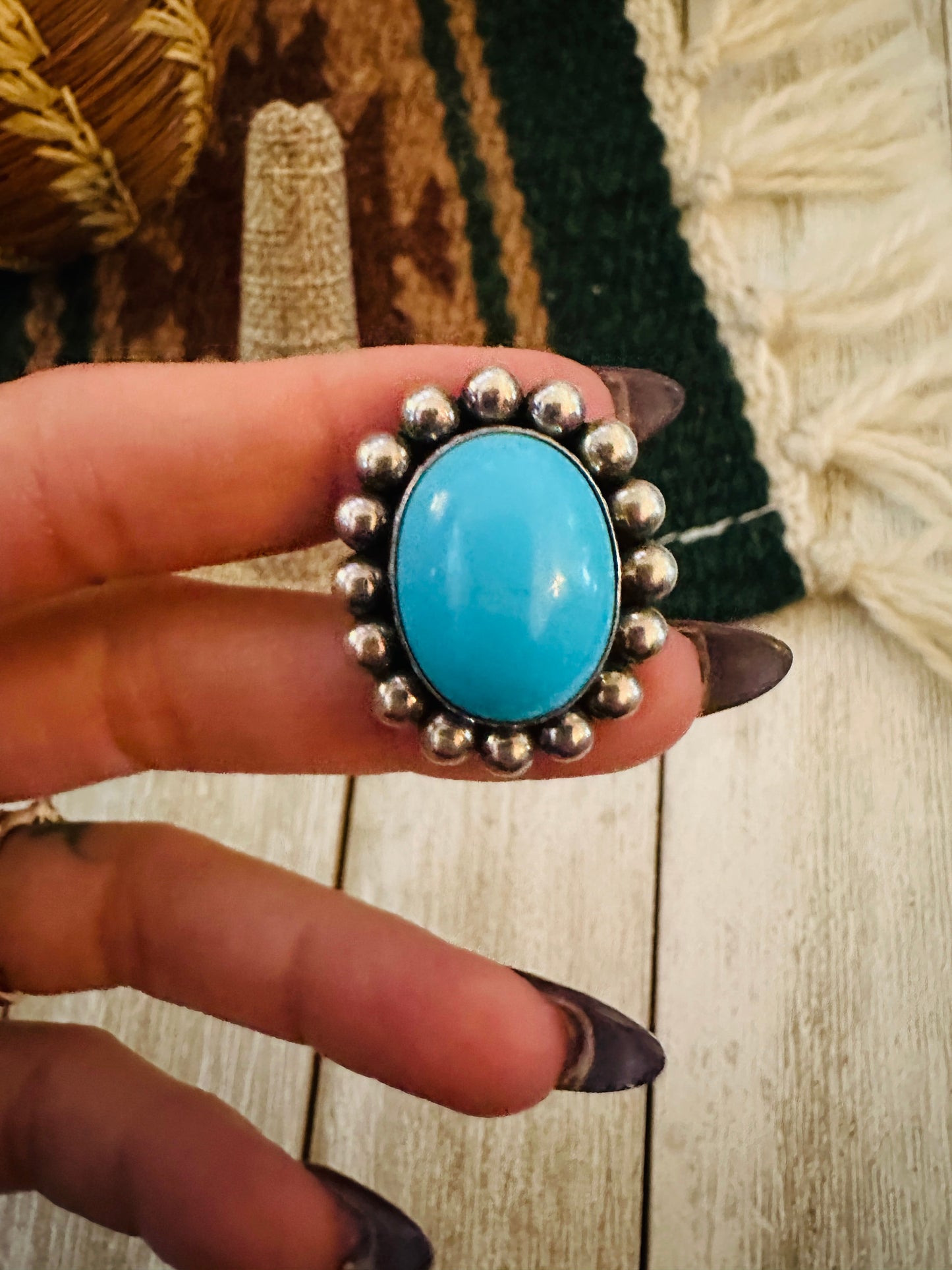 Old Pawn Handcrafted Turquoise & Sterling Silver Ring Size 6.75