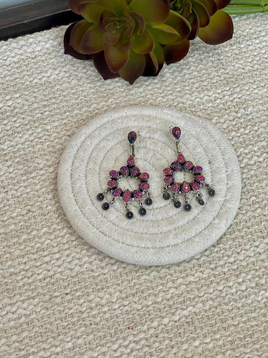Handmade Pink Fire Opal and Sterling Silver Cluster Dangle Earrings