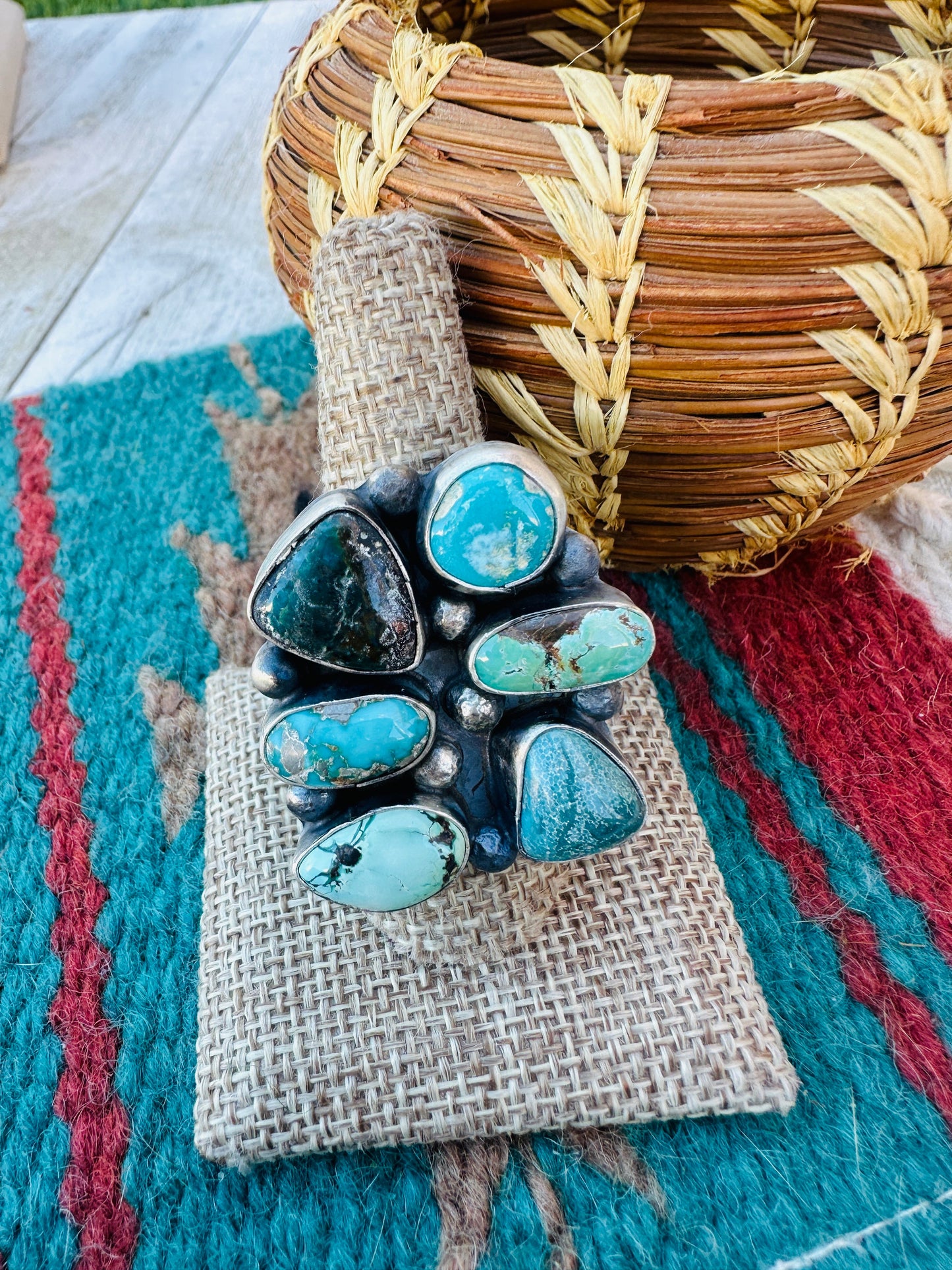Hand Crafted Multi Turquoise & Sterling Silver Cluster Adjustable Ring by Sheila Becenti