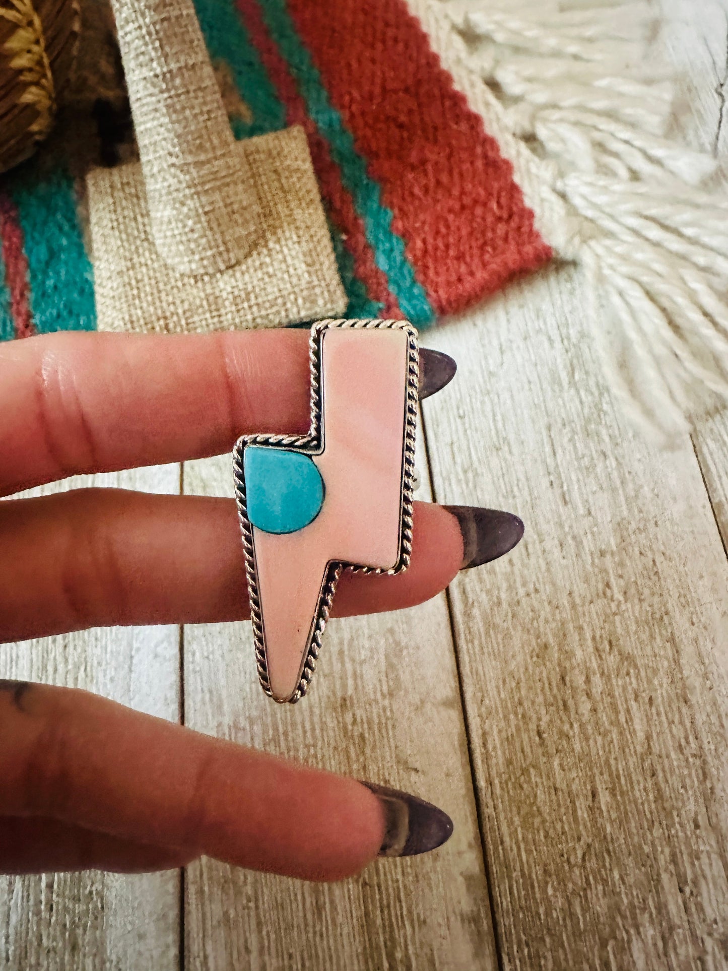 Handcrafted Queen Pink Conch, Turquoise & Sterling Silver Adjustable Lightning Bolt Ring