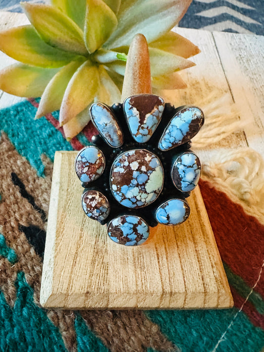 Handcrafted Golden Hills Turquoise & Sterling Silver Cluster Ring Size 7
