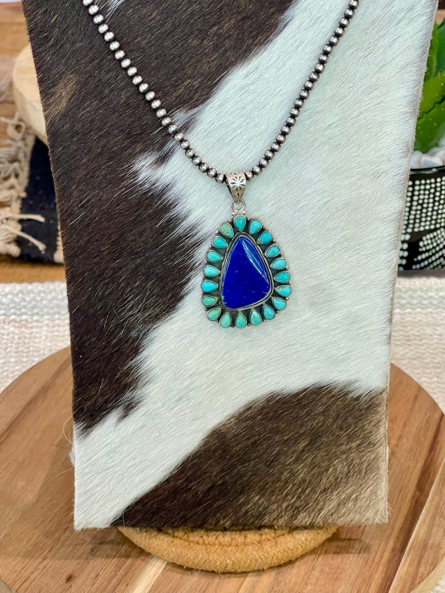 Handcrafted Sterling Silver, Lapis & Kingman Turquoise Cluster Pendant