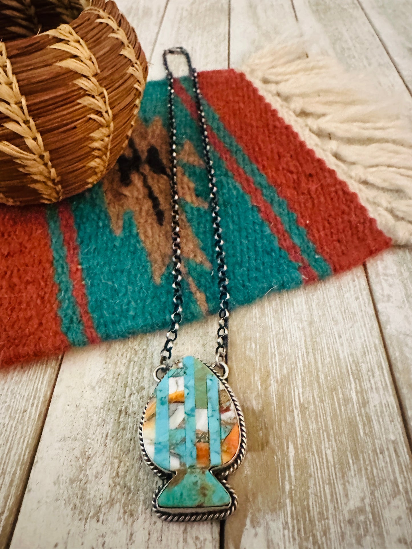 Handcrafted Sterling Silver & Multi Stone Inlay Spade Necklace