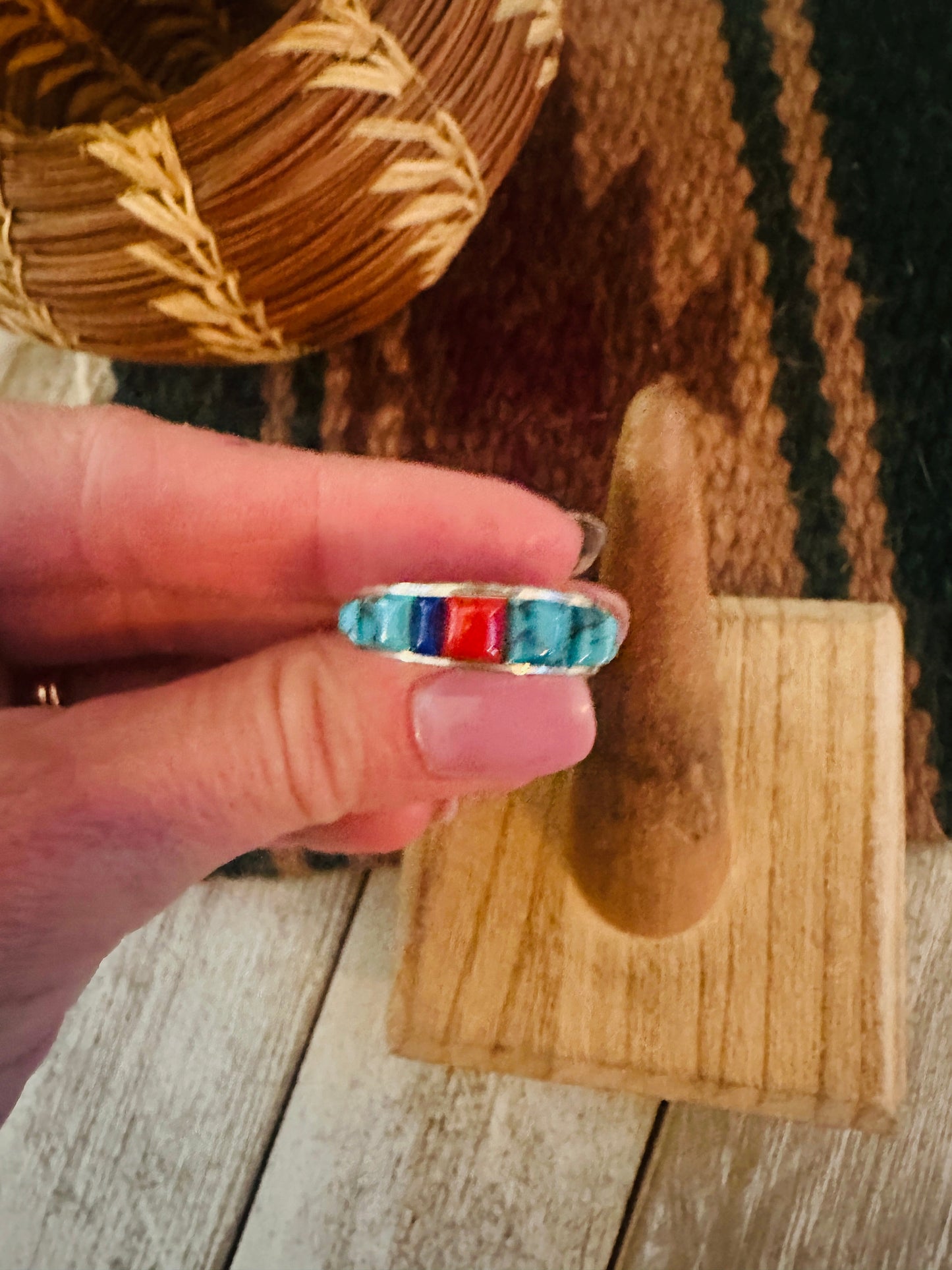 Handcrafted Turquoise, Coral, Lapis & Sterling Silver Inlay Ring Size 6