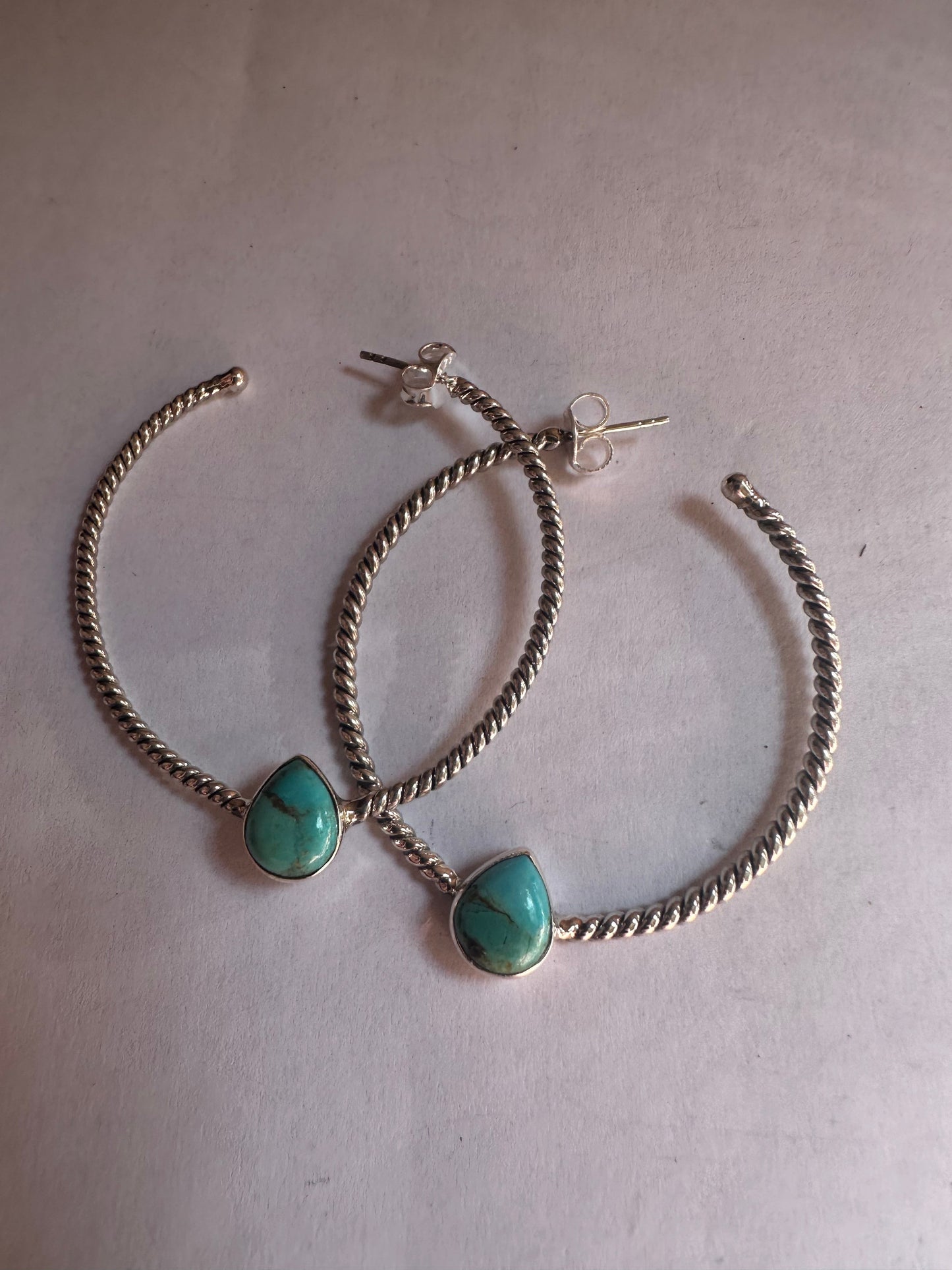 Handmade Turquoise & Sterling Silver Hoop Earrings Signed Nizhoni