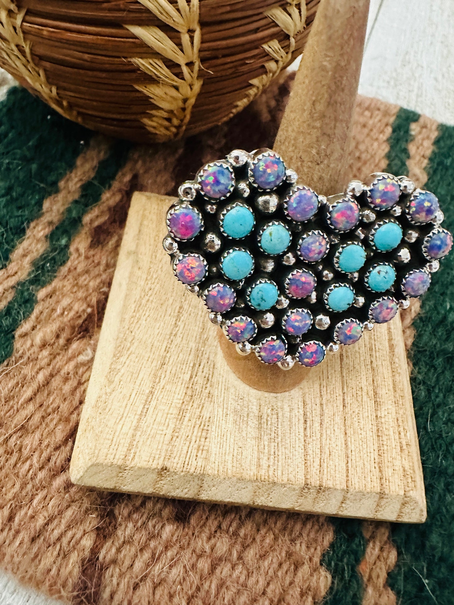 Handcrafted Sterling Silver, Opal & Turquoise Cluster Adjustable Heart Ring
