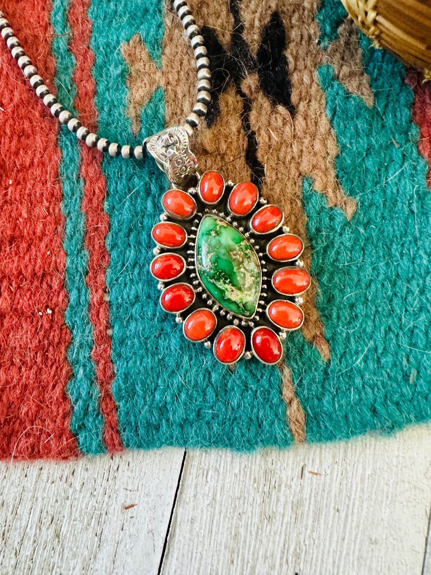 ** Christmas Collection ** Handmade Sterling Silver, Coral & Turquoise Cluster Pendant Signed Nizhoni