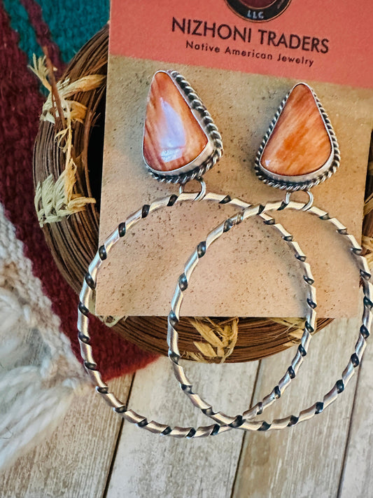 Handcrafted Orange Spiny and Sterling Silver Dangle Hoop Earrings