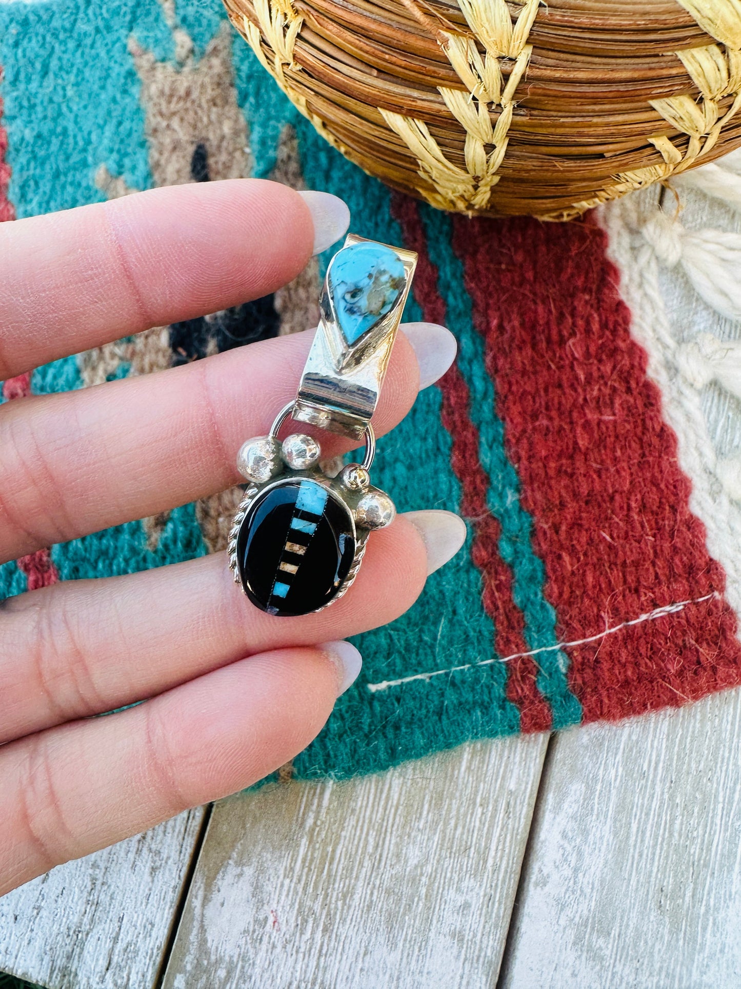 Handcrafted Sterling Silver and Multi Stone Inlay Pendant by Ray Jack