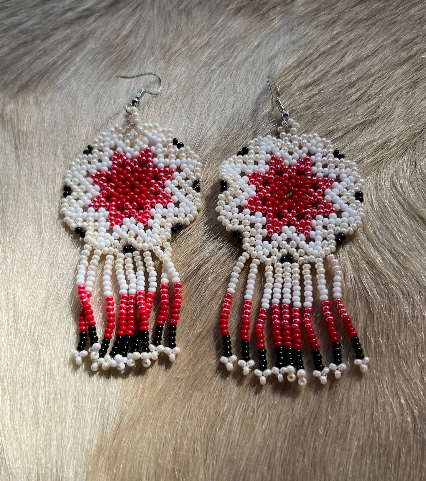 Handmade MultiColor Beaded Dangle Earrings (White, Red, & Black)